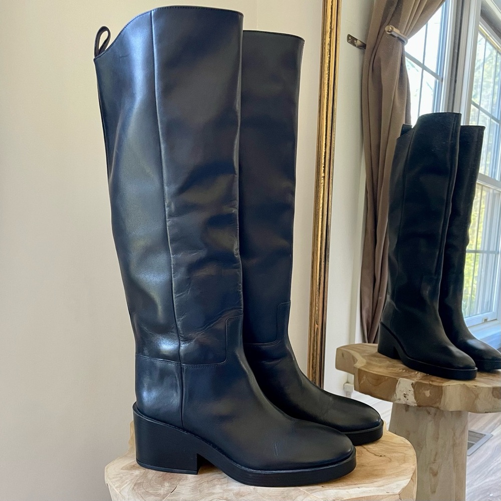 H&M Leather Knee High Block Heel Boots in Black - 8